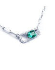 women's Paper clip natural Colombian emerald necklace halo diamond crafted in 18k white gold