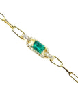 14K yellow gold paper clip bracelet with a rectangular natural emerald and diamonds.