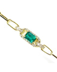 14k yellow gold paperclip bracelet with a square natural colombian emerald and accent diamonds.