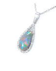 Pear-shaped Australian opal pendant with red, orange, blue, green play of color, halo diamonds, 18K white gold.