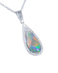 Pear-shaped Australian opal pendant with red, orange, blue, green play of color, halo diamonds, 18K white gold.