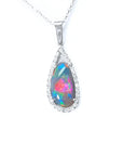 The topside of this opal pendant necklace with a halo diamond shows the topside impresive view.