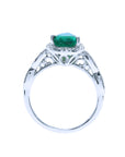 White gold emerald engagement ring bridal style pear cut engagement halo diamond milgrain deco 14k