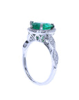 Emerald ring for women bridal style pear cut engagement halo diamond milgrain deco 14k white gold