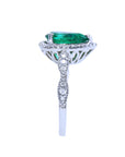 Pear cut emerald and diamonds ring for lady's bridal style engagement halo diamond milgrain deco 14k white gold
