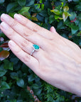 Mother's day emerald ring bridal style pear cut engagement halo diamond milgrain deco 14k white gold