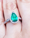 Women's emerald ring bridal style pear cut engagement halo diamond milgrain deco 14k white gold