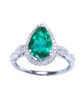 Pear cut 1.43 ct. Emerald Engagement Ring bridal style halo diamond milgrain deco 14k white gold