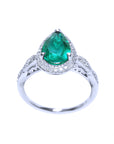 Pear cut emerald engagement ring bridal style halo diamond milgrain deco 14k white gold