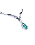 women's emerald necklace pear cut 1.28 carats sourced from Muzo mines encircled by a halo diamond crafted in 14k white gold