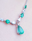 White gold 14k Emerald necklaces for sale natural diamonds pear shaped linked with individual settings wheat style chain