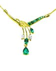 Emerald necklace for women blended pear shaped, marquises and round cut emeralds with natural diamonds, in 14k yellow gold