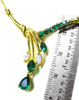 V shaped emerald necklace for women pear shaped, marquises and round cut emeralds with natural diamonds, crafted in 14k yellow gold