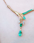 Real Muzo mines Colombian emerald necklace pear shaped, marquises and round cut emeralds with natural diamonds, 14k yellow gold