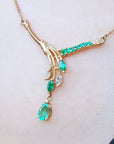 Genuine emerald necklace for women pear shaped, marquises and round cut emeralds with natural diamonds, crafted in 14k yellow gold