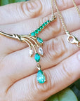 18" inches 14k yellow gold emerald necklace pear shaped, marquises and round cut emeralds with natural diamonds