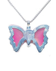 Back of a pink natural agate butterfly pendant in a sterling silver 925 setting on a silver necklace.