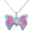 Back of a pink natural agate butterfly pendant in a sterling silver 925 setting on a silver necklace.