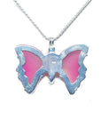 Back of a pink natural agate butterfly pendant in a sterling silver 925 setting on a silver necklace.