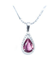 Front position top view of a pear cut pink sapphire necklace Slider pendant halo diamonds in 18k white gold.