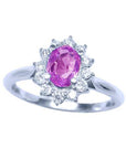 Natural pink sapphire ring for women halo diamond in 14k white gold, front side full top view