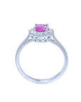 Natural pink sapphire ring for women halo diamond in 14k white gold, lateral top and gallery shank view