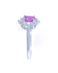 Natural pink sapphire ring for women halo diamond in 14k white gold, top gallery sides and shank profile