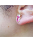 1.51 Carat Pink Sapphire Stud Earrings Emerald cut Natural Diamonds 14K Yellow Gold