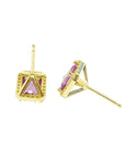 Natural pink sapphire stud earrings halo diamonds 14k yellow gold, two positions underside view