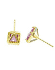 1.79 carat natural pink sapphire stud earrings with halo diamonds in 14K yellow gold.