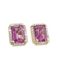 Natural pink sapphire stud earrings halo diamonds 14k yellow gold, right side top view