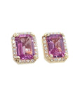 Natural pink sapphire stud earrings halo diamonds 14k yellow gold, right side top view