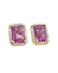 1.79 carat natural pink sapphire stud earrings with rectangular emerald cut, halo diamonds, and 14K yellow gold.