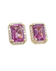 1.79 carat natural pink sapphire stud earrings with rectangular emerald cut, halo diamonds, and 14K yellow gold.