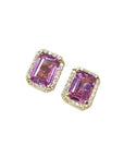 1.79 carat natural pink sapphire emerald cut stud earrings with diamond halo in 14K yellow gold.
