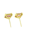 Natural pink sapphire stud earrings halo diamonds 14k yellow gold, underside view profile