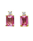 Pink sapphire stud earrings emerald cut 14k yellow gold, very brilliant, natural diamonds on top.