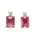 Pink sapphire stud earrings emerald cut natural diamonds 14k yellow gold, front positon top view