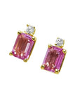 1.51 carat rectangular pink sapphire stud earrings with natural diamonds in 14K yellow gold.