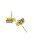 14K yellow gold stud earrings with rectangular pink sapphires and natural diamonds.