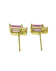 Rectangular emerald cut pink sapphire stud earrings with diamonds in 14K yellow gold.