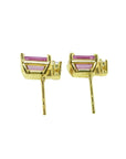 Rectangular emerald cut pink sapphire stud earrings with diamonds in 14K yellow gold.