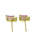 Rectangular emerald cut pink sapphire stud earrings with diamonds in 14K yellow gold.