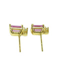 Rectangular emerald cut pink sapphire stud earrings with diamonds in 14K yellow gold.