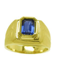 Men's Sapphire Pinky Ring 1.13 carats with a medium dark blue hue, cut in a rectangular emerald shape crafted in 14k Yellow Gold.