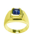 Men's 14k yellow gold pinky ring with a rectangular, medium dark blue sapphire, bezel set.