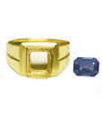 Gold ring mounting with a side blue sapphire gemstone on a top front view
