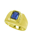 Men's 14k yellow gold pinky ring with a rectangular, medium dark blue sapphire, bezel set.