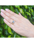 Hand wearing a gold ring with a blue natural sapphire gemstone against a green leafy background