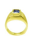 Men's 14k yellow gold pinky ring with a rectangular, medium dark blue sapphire, bezel set.
